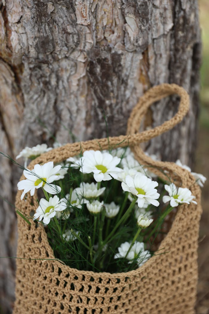 Handcrafted jute bag filled with fresh daisies leaning against rustic tree bark.